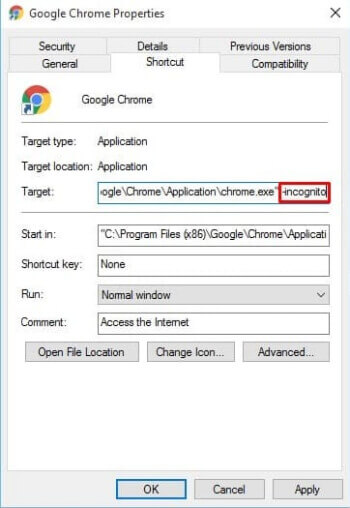 Google Chrome incognito mode by default