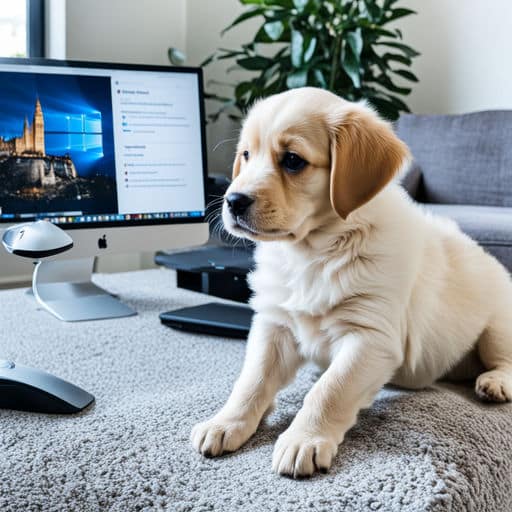 Dog sitting in front of computer